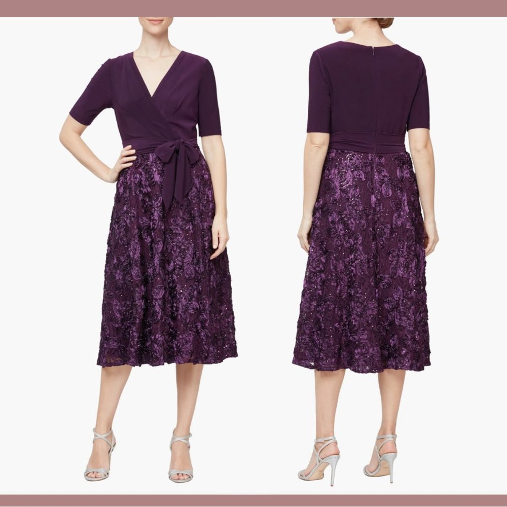 NEW $219 Alex Evenings [ 10 ] Mixed Media Sequined Rosette Midi‎ Dress Eggplant